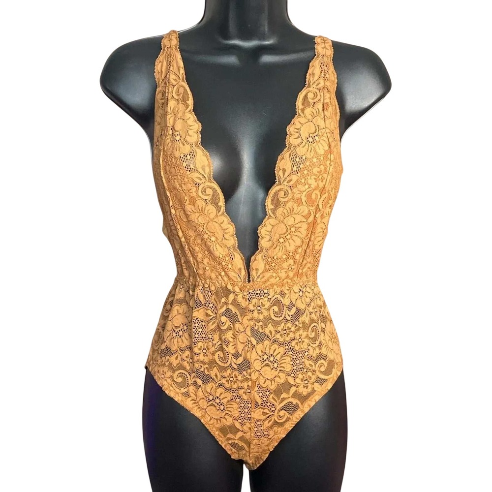 Free People We Are HAH Comin In HAHT Bodysuit Brown Sugar Lace XS Open Back